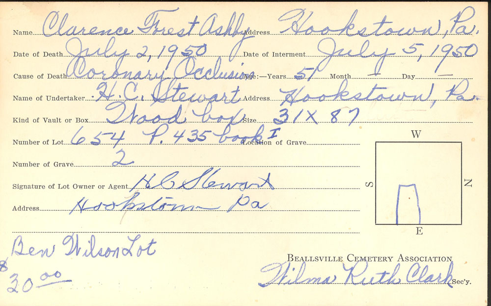 Clarence Forest Ashby burial card